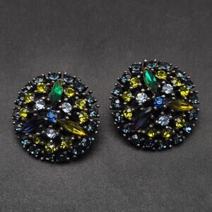 Green Blue Rhinestone Clip On Earrings Black Japanned Metal Vintage